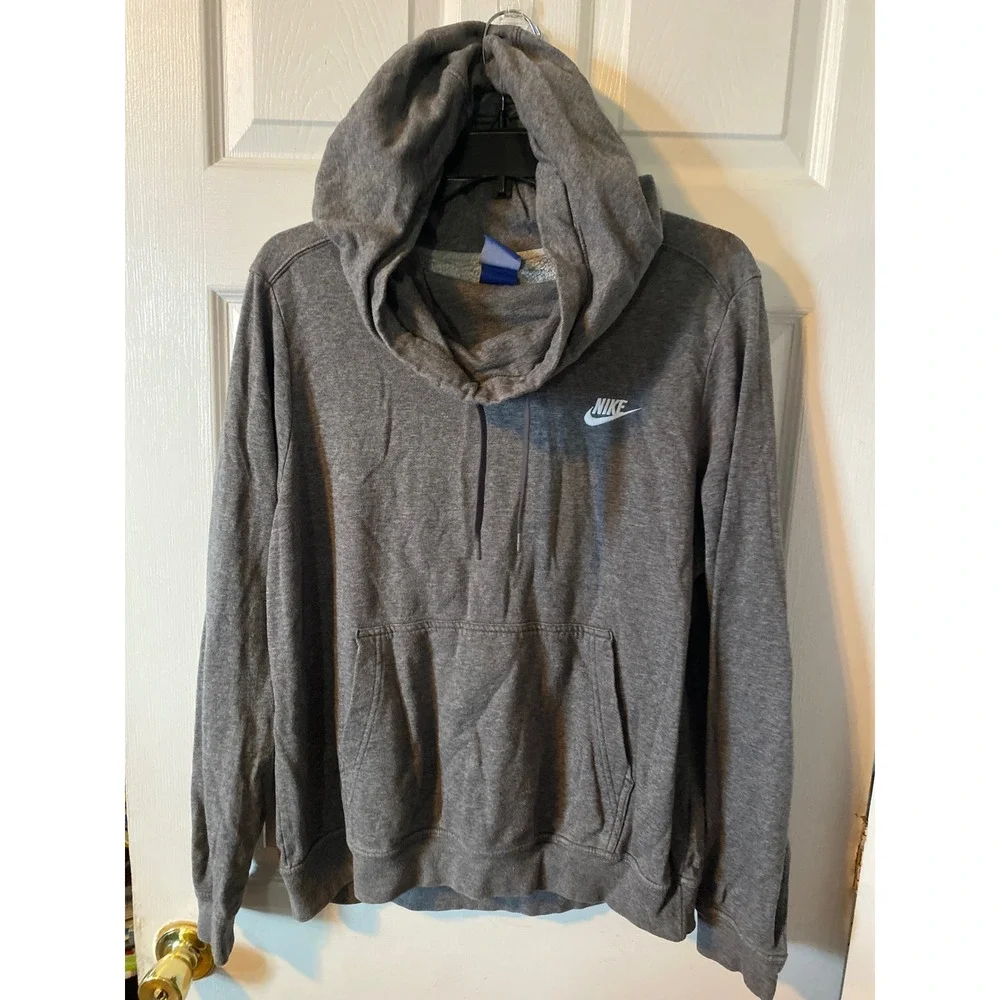 Nike Mens Funnel Neck Hoodie Charcoal Gray Fleece Pullover Sweatshirt Large
